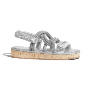 Chanel Cord & Lambskin Silver Sandals