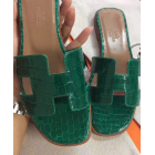 Hermes Green Crocodile Oran Sandals