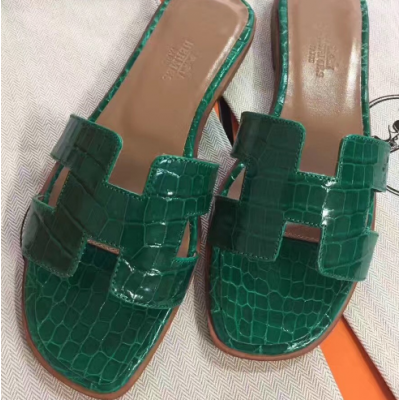 Hermes Green Crocodile Oran Sandals